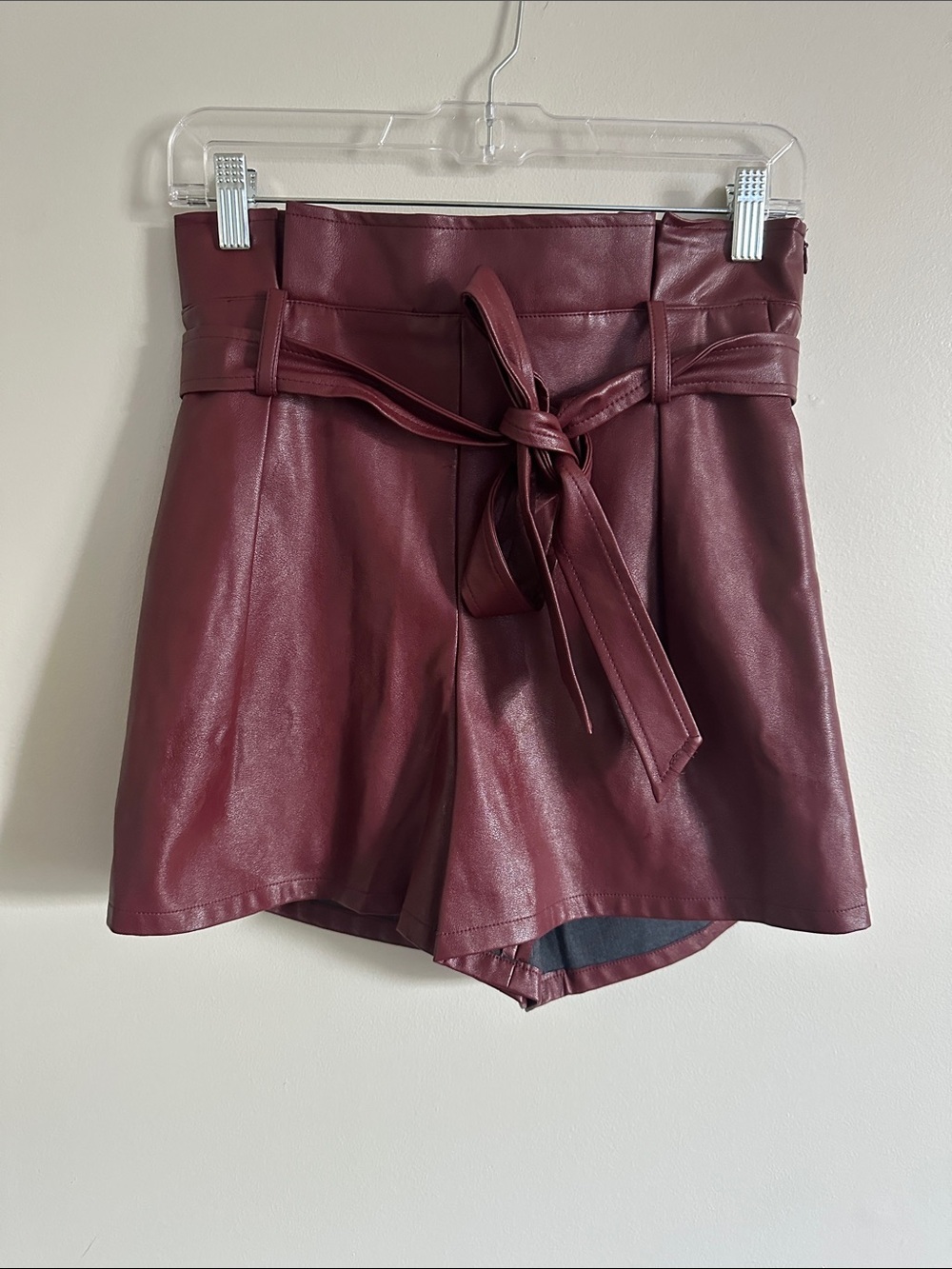 High-Waist Faux Leather Paperbag Shorts with Tie - Burgundy